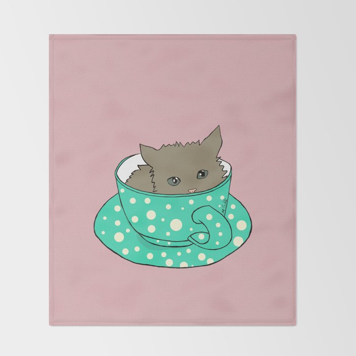 Fluffy Kitten In A Teacup Pink Background Throw Blanket By