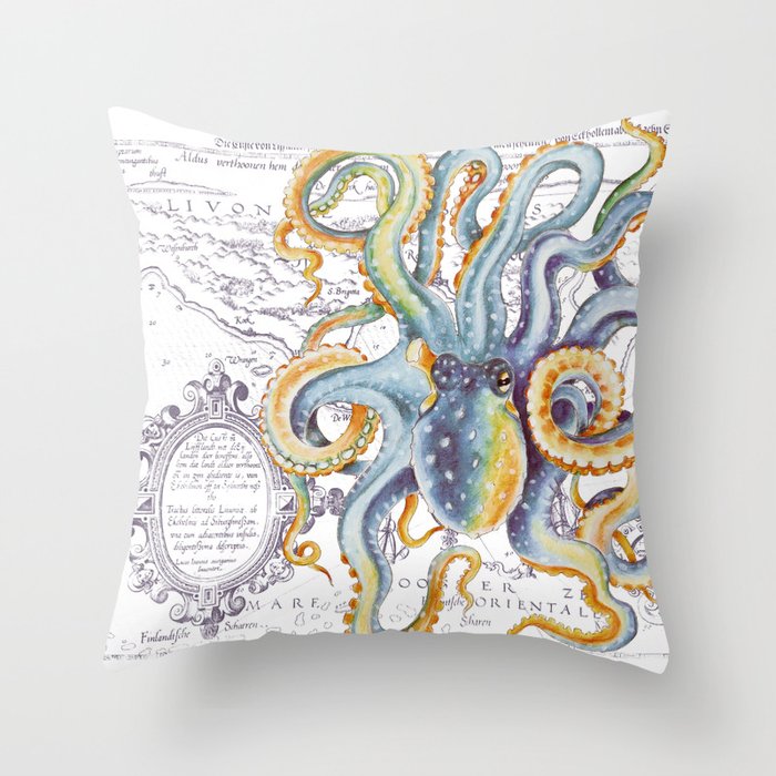 Octopus Steel Blue Vintage Map Throw Pillow