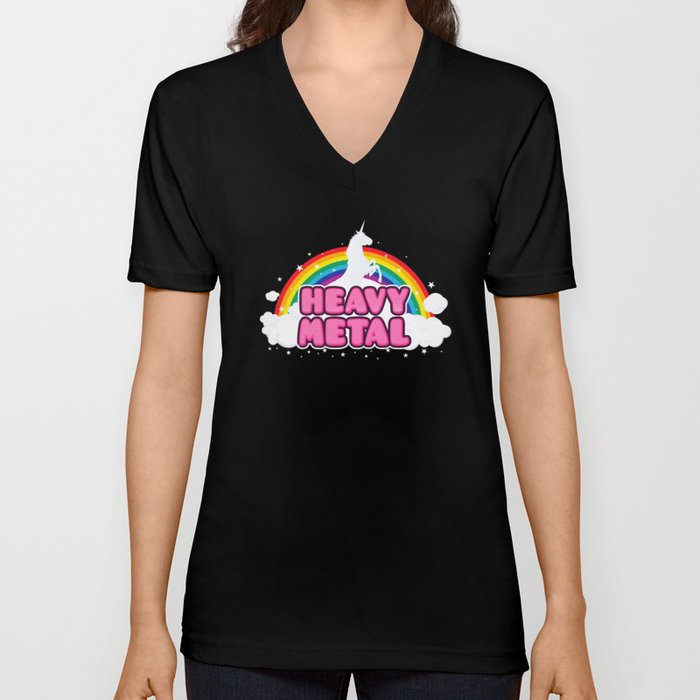 HEAVY METAL! (Funny Unicorn / Rainbow Mosh Parody Design) V Neck T Shirt