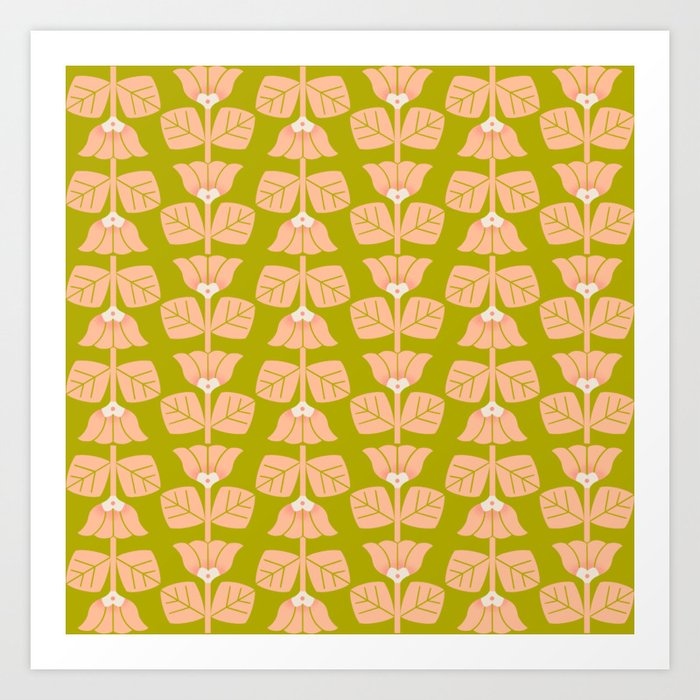 Retro Peach Blossoms Pattern - Green Art Print