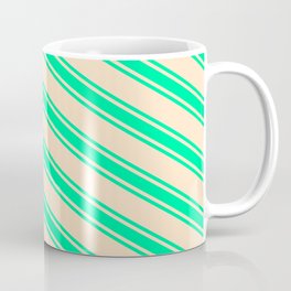 [ Thumbnail: Bisque & Green Colored Lines Pattern Coffee Mug ]