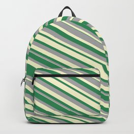[ Thumbnail: Sea Green, Dark Grey & Light Yellow Colored Lines/Stripes Pattern Backpack ]