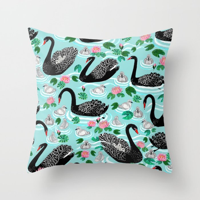 Black swan Mother and babies Throw Pillow