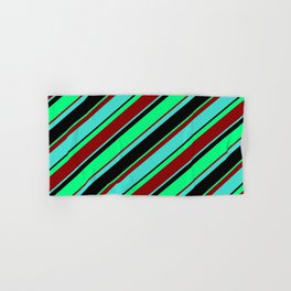 [ Thumbnail: Turquoise, Black, Green, and Dark Red Colored Lined Pattern Hand & Bath Towel ]