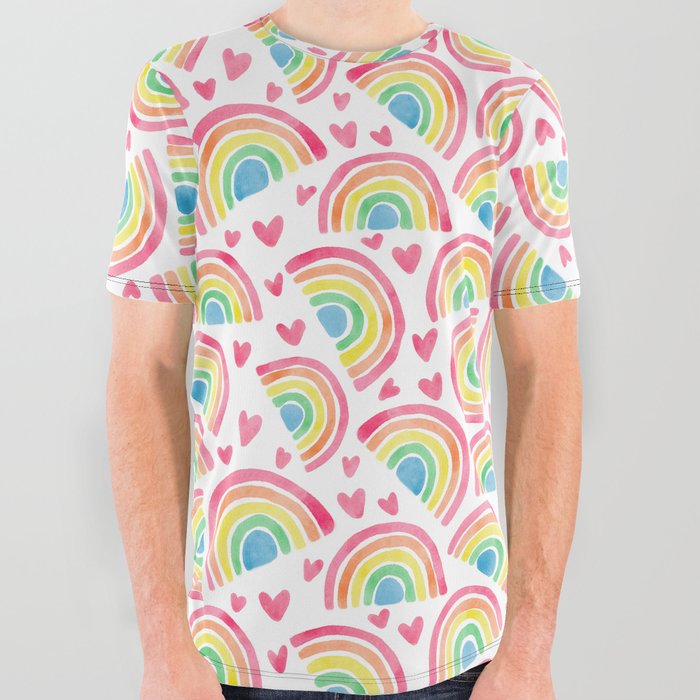 Watercolor Rainbows & Hearts All Over Graphic Tee