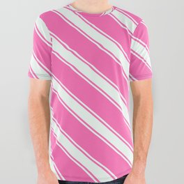[ Thumbnail: Hot Pink and Mint Cream Colored Striped/Lined Pattern All Over Graphic Tee ]