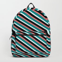 [ Thumbnail: Light Coral, Dark Cyan, Light Cyan, and Black Colored Lined/Striped Pattern Backpack ]