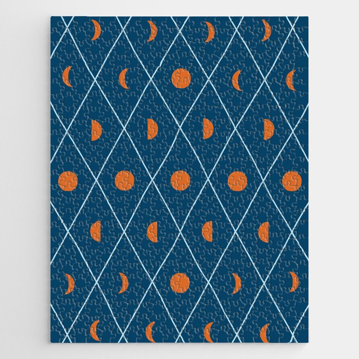 Moon Phases Pattern in Navy Blue and Orange 8 Jigsaw Puzzle