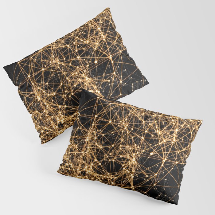 Shiny golden dots connected lines on black Pillow Sham