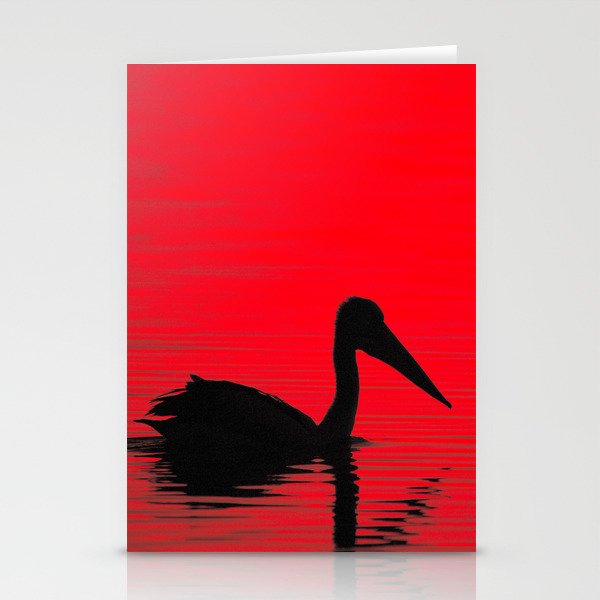 A pelican silhouette, red dawn - landscape Stationery Cards