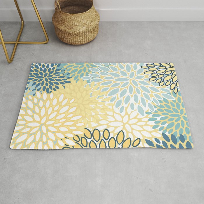 Modern Teal and Yellow Flower Rug