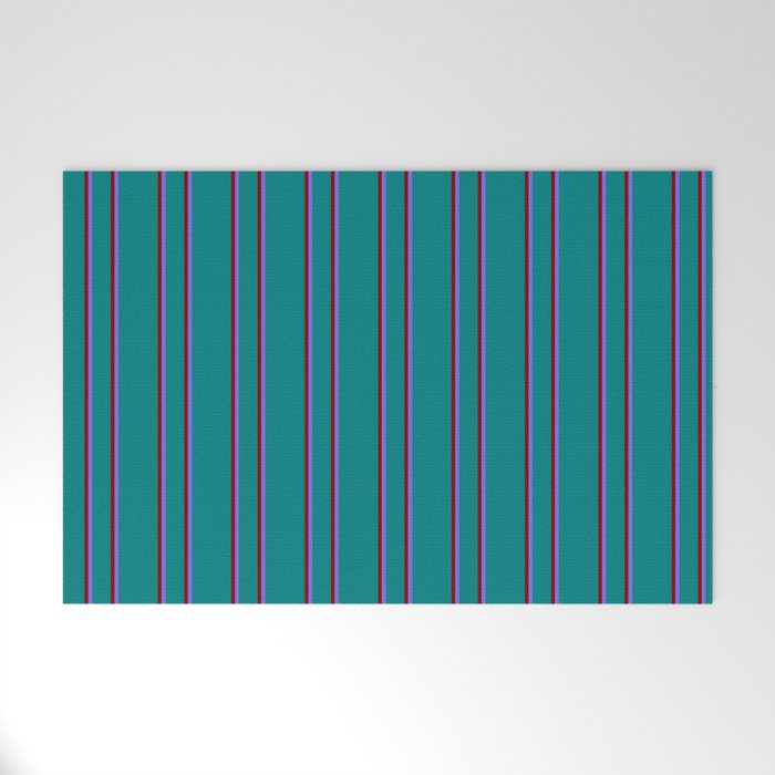 Teal, Maroon & Medium Slate Blue Colored Lined/Striped Pattern Welcome Mat