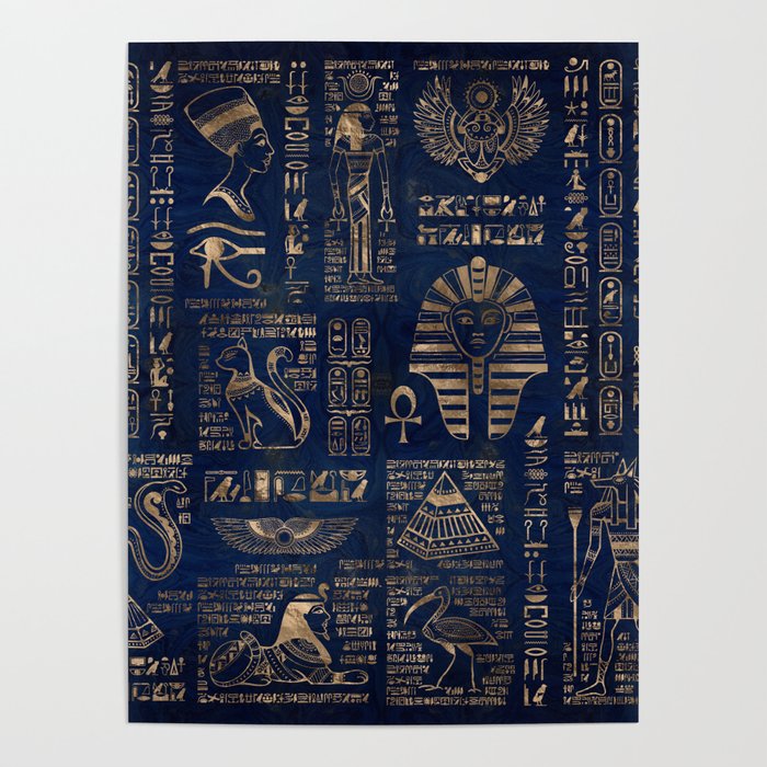 Egyptian hieroglyphs and deities-gold on blue marble Poster