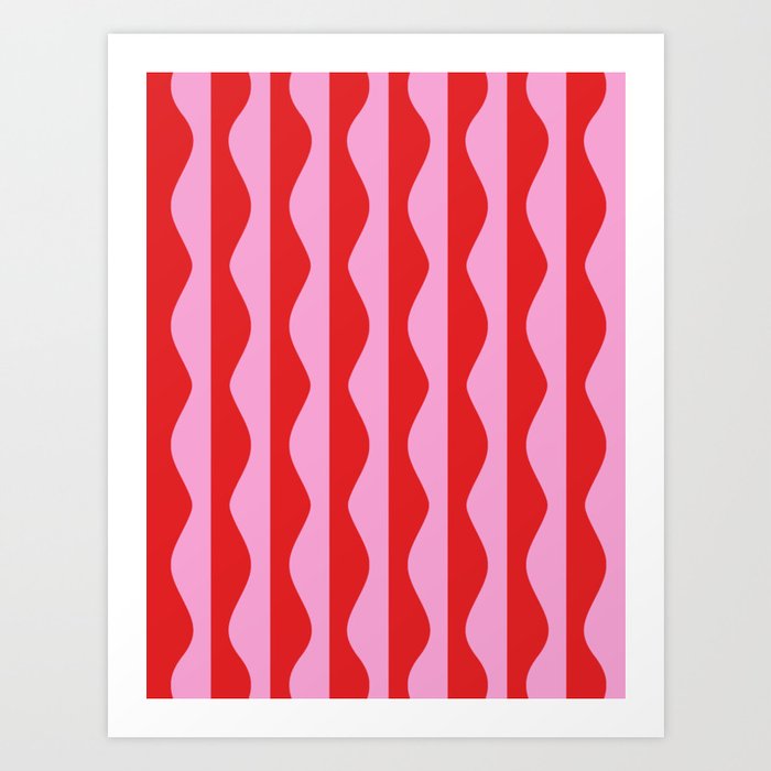 Retro Wavy Lines Pattern in Red & Pink Art Print