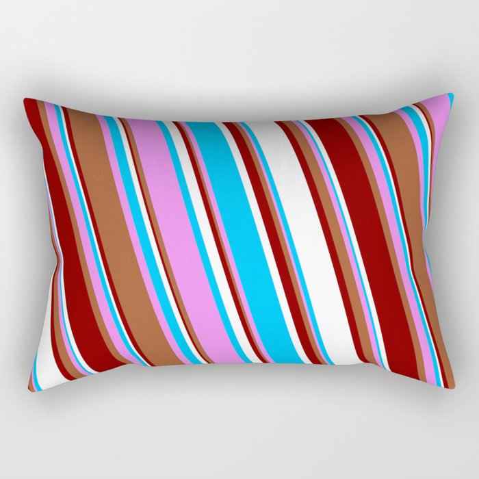 Vibrant Violet, Sienna, Maroon, White, and Deep Sky Blue Colored Stripes Pattern Rectangular Pillow