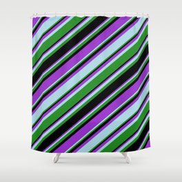 [ Thumbnail: Dark Orchid, Light Blue, Forest Green, and Black Colored Stripes/Lines Pattern Shower Curtain ]