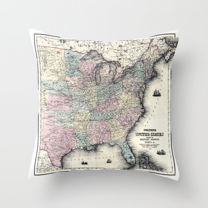  United States shewing the military stations, forts-1861 vintage pictorial map  Throw Pillow