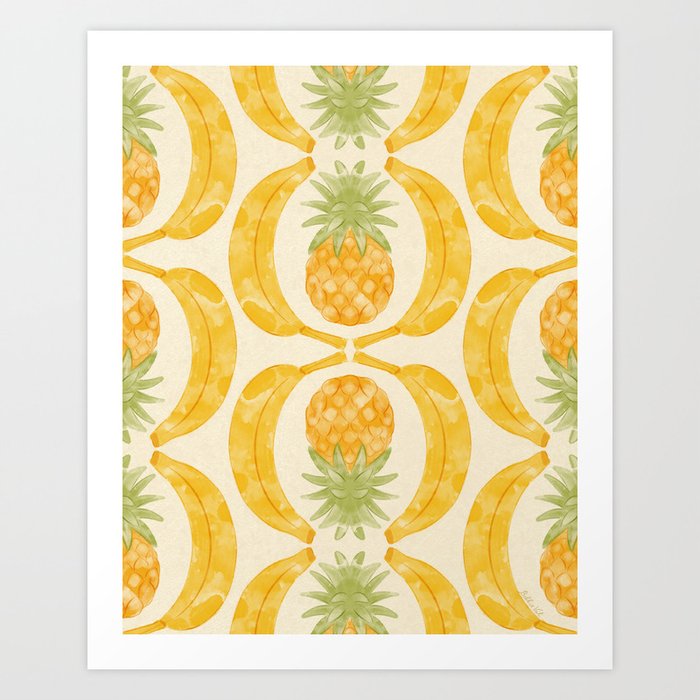 Banana and Pineapple Geometric Watercolor Tropical Fruit Art Print