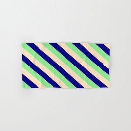 [ Thumbnail: Light Green, Bisque & Blue Colored Striped Pattern Hand & Bath Towel ]
