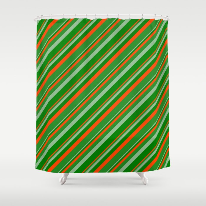 Dark Sea Green, Green, Red & Forest Green Colored Lined/Striped Pattern Shower Curtain