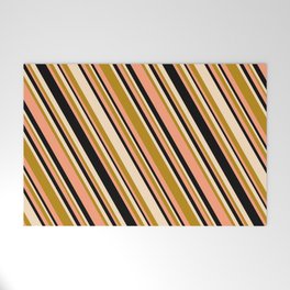 [ Thumbnail: Bisque, Dark Goldenrod, Light Salmon & Black Colored Stripes/Lines Pattern Welcome Mat ]