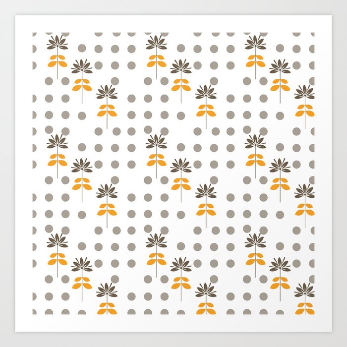 Grey Polka Dot And Floral Retro Pattern Background Art Print