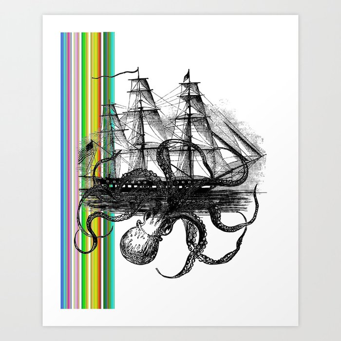 Kraken Attacking ship on Colorful Stripes Art Print