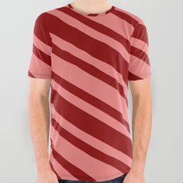 [ Thumbnail: Light Coral and Dark Red Colored Striped/Lined Pattern All Over Graphic Tee ]