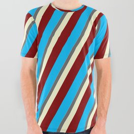 [ Thumbnail: Eyecatching Sky Blue, Dim Grey, Light Yellow, Maroon, and Deep Sky Blue Colored Lined Pattern All Over Graphic Tee ]