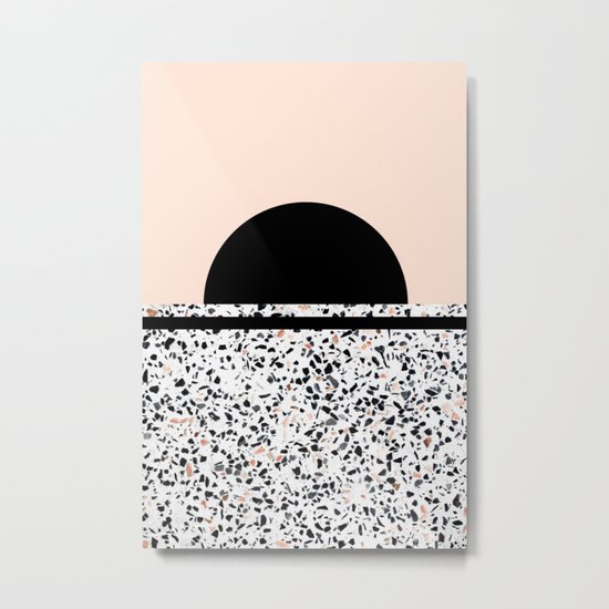Terrazzo Stone Pattern Black and Orange Peach Metal Print
