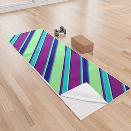 [ Thumbnail: Green, Dark Turquoise, Purple, and Dark Blue Colored Striped Pattern Yoga Towel ]
