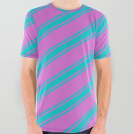 [ Thumbnail: Orchid & Dark Turquoise Colored Lined/Striped Pattern All Over Graphic Tee ]