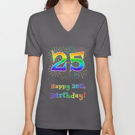 [ Thumbnail: 25th Birthday - Fun Rainbow Spectrum Gradient Pattern Text, Bursting Fireworks Inspired Background V Neck T Shirt V-Neck T-Shirt ]