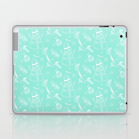 Seafoam and White Christmas Snowman Doodle Pattern Laptop & iPad Skin