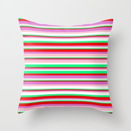 [ Thumbnail: Colorful Green, Red, Orchid, Pink, and White Colored Pattern of Stripes Throw Pillow ]
