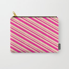 [ Thumbnail: Deep Pink and Tan Colored Lined/Striped Pattern Carry-All Pouch ]