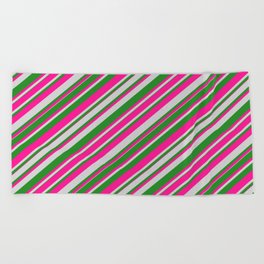 [ Thumbnail: Deep Pink, Light Grey, and Forest Green Colored Lines Pattern Beach Towel ]