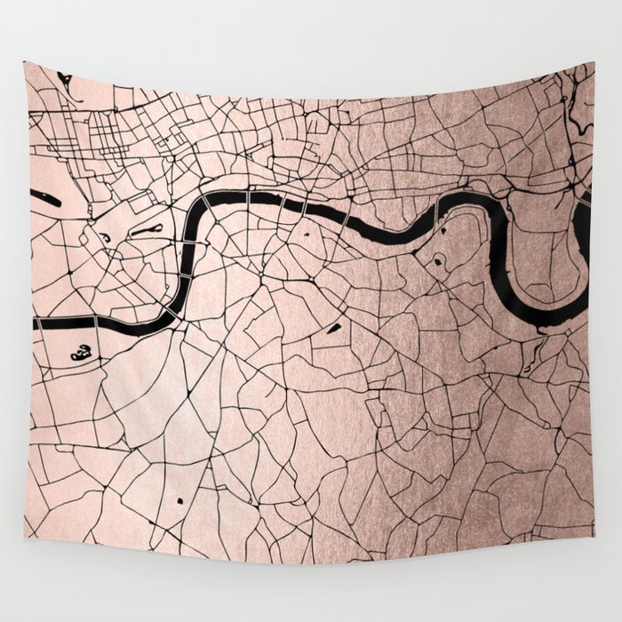 London Rosegold on Black Street Map Wall Tapestry