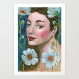 Girl with white flowers Art Print