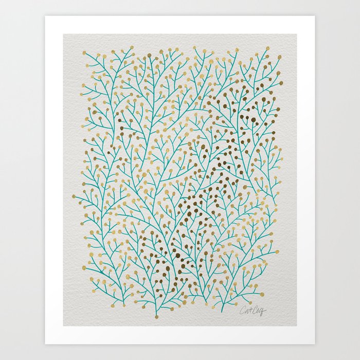 Berry Branches – Turquoise & Gold Art Print
