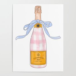 Pink Gingham Preppy Painted Champagne Bottle Poster