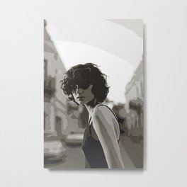 Grayscale Photography Of Woman In Black Spaghetti Strap Top In Middle Of Road Metal Print