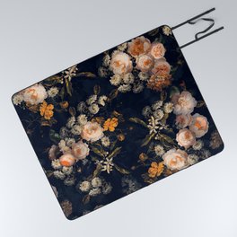 Antique Botanical Peach Roses And Chamomile Midnight Garden Picnic Blanket