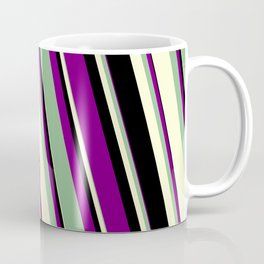 [ Thumbnail: Purple, Dark Sea Green, Light Yellow & Black Colored Lines/Stripes Pattern Coffee Mug ]