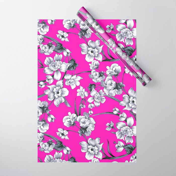 Modern neon pink black white abstract floral Wrapping Paper by