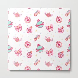 Cute Colourful Magical Girl Pattern with Hearts, Stars & Sparkles Metal Print | Kawaii, Anime, Wings, Jewelled, Cat, Diamond, Brooch, Pastel, Stars, Pattern 