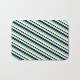[ Thumbnail: Green, Beige, Midnight Blue & Turquoise Colored Lined/Striped Pattern Bath Mat ]