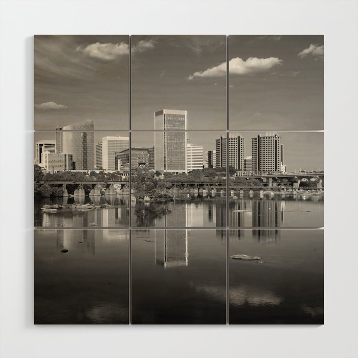 Richmond Virginia skyline in black and white Wood Wall Art