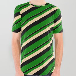 [ Thumbnail: Tan, Black & Green Colored Stripes/Lines Pattern All Over Graphic Tee ]
