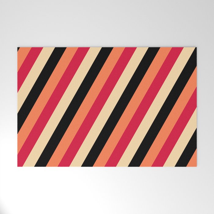 Crimson, Tan, Black, and Coral Colored Lines/Stripes Pattern Welcome Mat